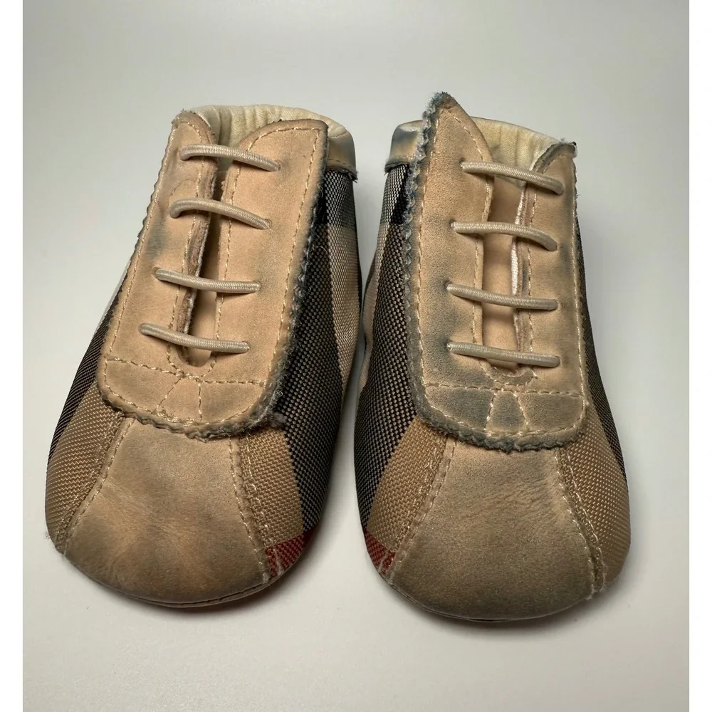 Burberry Crib Shoes Kids Size 17 EU us 2 Beige Fair Classic Check Leather Canvas